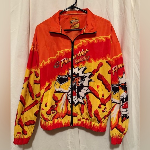 Forever 21 X Flaming Hot Cheetos Full Zip Jacket Windbreaker Graphics Woman’s Lg - Picture 1 of 5